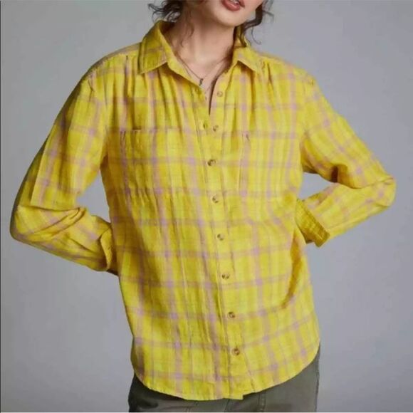 NWOT Anthropologie x Seen Worn Kept Plaid Buttondown Top Shirt in Yellow Size 6 - Picture 2 of 16